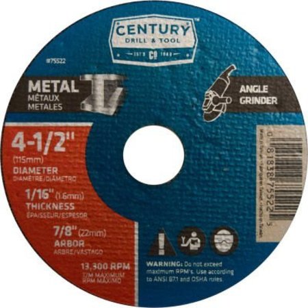 CENTURY DRILL & TOOL Century Drill Cutting Wheel 4-1/2" x 7/8" Aluminum Oxide 75522